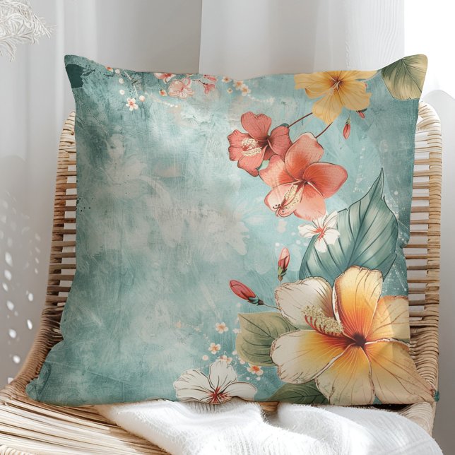 Boho Breezy Tropical Flower Cushion (Boho Breezy Tropical Flower Throw Pillow on a sunny boho rattan chair.)