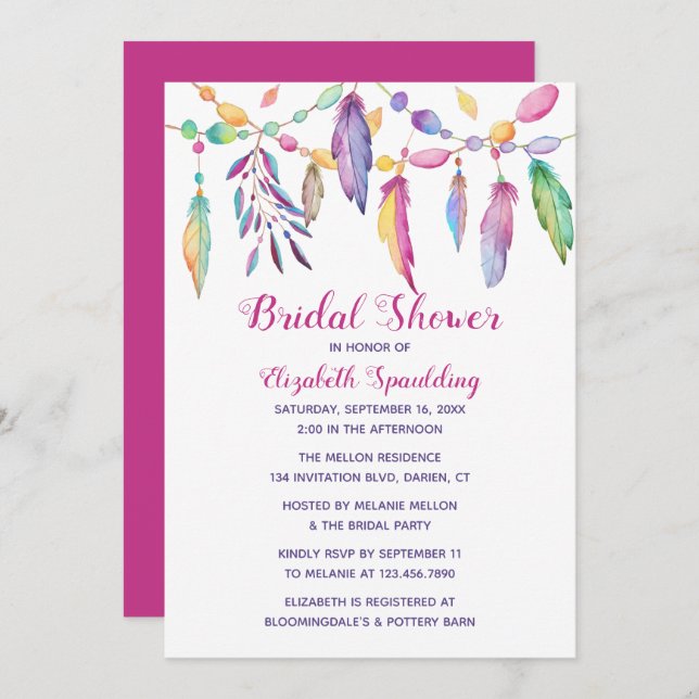 Boho Bridal Shower Feather Indian Purple Southwest Invitation (Front/Back)