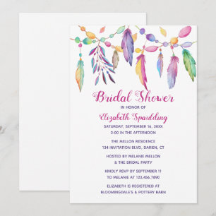 Boho Bridal Shower Feathers Indian Purple Invitation
