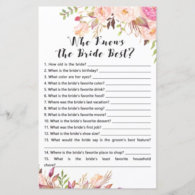 Boho Bridal Shower Game - Who knows bride best (Front)