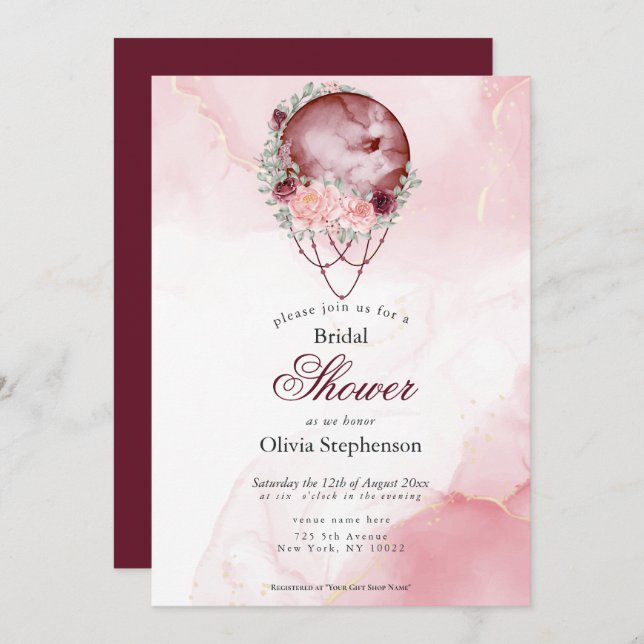 Boho Bridal Shower Pink Maroon Full Moon Invitation (Front/Back)