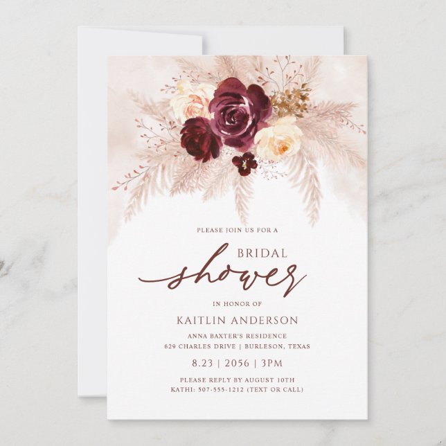 Boho Bridal Shower Rust Pampas Grass Rose Invitation (Front)