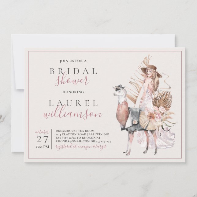 Boho Bride and Formal Llama Bridal Shower Invitation (Front)