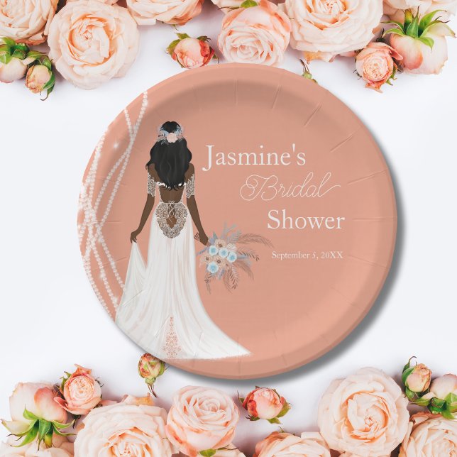 Boho  Bride With Pearls And Flowers Bridal Shower Paper Plate (Creator Uploaded)