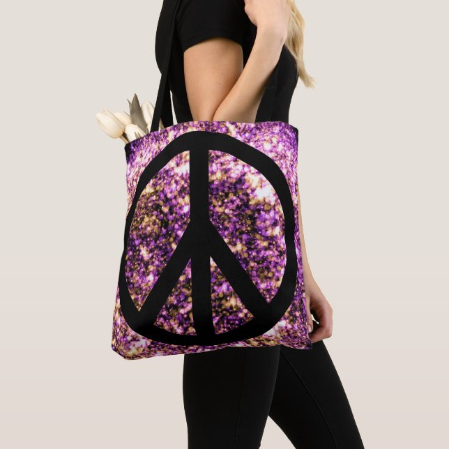 Boho Bright Blurry Sparkly Neon Lights Peace Sign Tote Bag (Close Up)