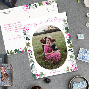 Boho Bright Pink Botanical Merry Christmas Photo Holiday Postcard