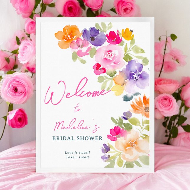Boho bright pink floral bridal shower welcome poster (Boho bright pink floral bridal shower welcome poster)