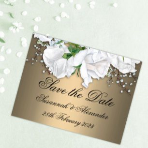 Boho Bronze and White Roses Save the Date Wedding Announcement Postcard