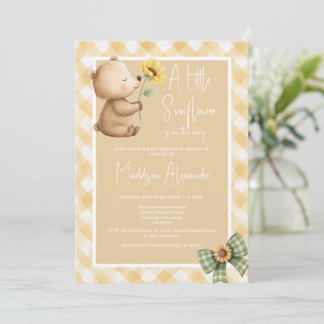 Boho Brown Bear Sunflower Baby Shower Invitation (Standing Front)