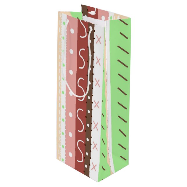 Boho Brown, Burgundy, Green and Mauve Whimsical  Wine Gift Bag (Front Angled)