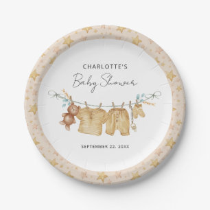 Boho Brown Clothesline Watercolor Baby Shower Paper Plate