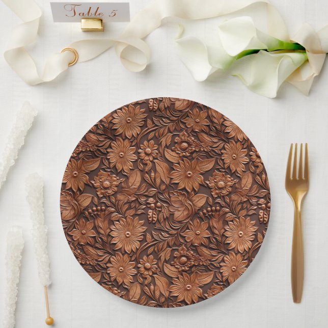 Boho Brown Faux Leather Floral Wedding Paper Plate (Wedding)