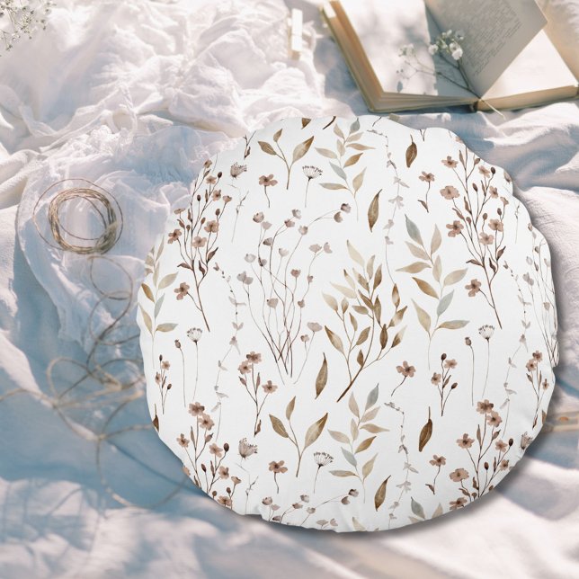 Boho Brown Floral Botanical Nature Pattern Round Cushion (In situ)