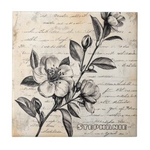 Boho Brown Floral Sketch Vintage Parchment Ceramic Tile