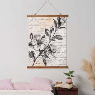 Boho Brown Floral Sketch Vintage Parchment Hanging Tapestry