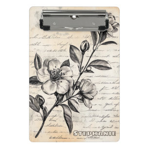 Boho Brown Floral Sketch Vintage Parchment Mini Clipboard
