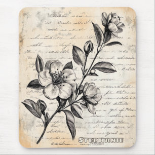 Boho Brown Floral Sketch Vintage Parchment Mouse Pad