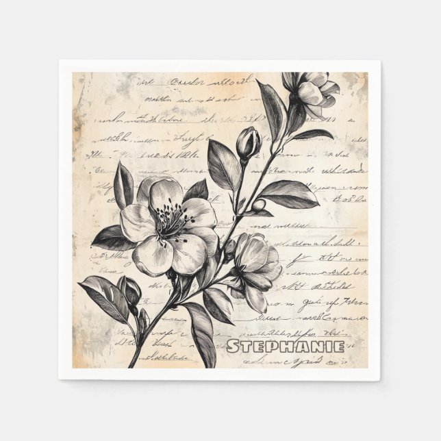 Boho Brown Floral Sketch Vintage Parchment Napkin (Front)