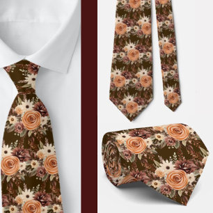 Boho Brown Gold Floral Watercolor Flowers Wedding Tie