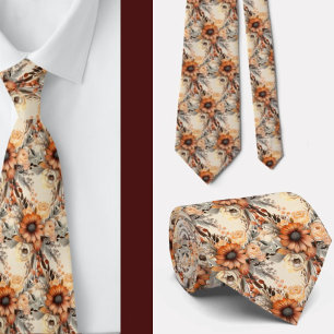 Boho Brown Gold Floral Watercolor Flowers Wedding Tie