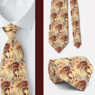 Boho Brown Gold Floral Watercolor Flowers Wedding Tie