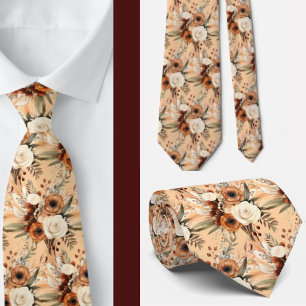 Boho Brown Gold Floral Watercolor Flowers Wedding Tie