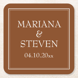 Boho Brown Modern Border Minimalist Square Paper Coaster