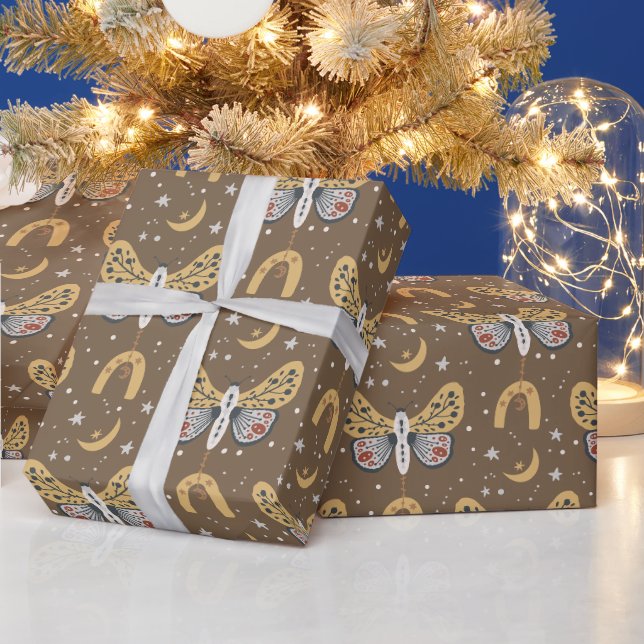 Boho Brown Moth Wrapping Paper (Holidays)