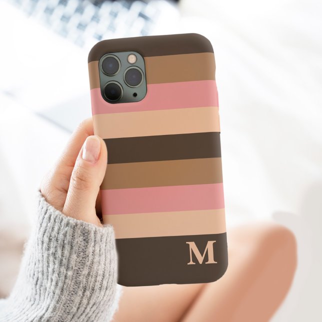 Boho Brown Neutral Stripes Monogram Trendy Initial Case-Mate iPhone Case (Creator Uploaded)