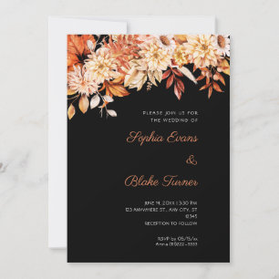 Boho Brown Orange Floral Winter Black Wedding Invitation
