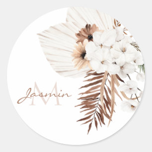 Boho Brown Pampas Grass White Orchids Monogram Classic Round Sticker