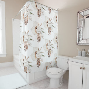 Boho Brown Pampas Grass White Orchids Monogram Shower Curtain