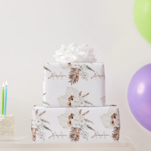 Boho Brown Pampas Grass White Orchids Monogram Wrapping Paper