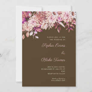 Boho Brown Pink Floral Winter Coffee Brown Wedding Invitation