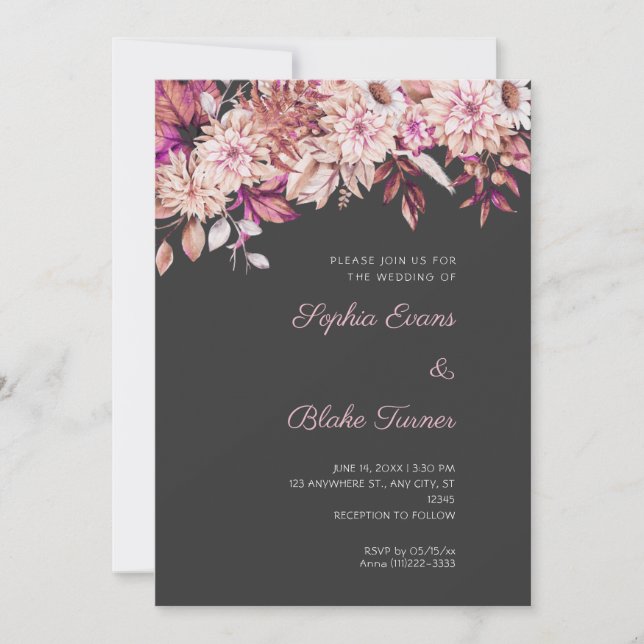 Boho Brown Pink Floral Winter Pebble Grey Wedding Invitation (Front)