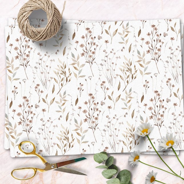 Boho Brown Pretty Dried Flowers and Leaves Pattern Tissue Paper (In situ)