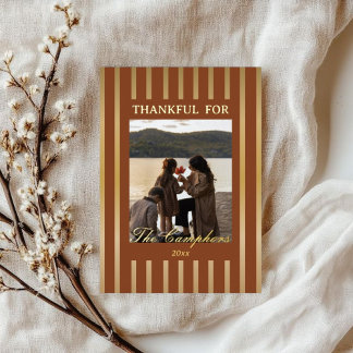 Boho Brown Stripes Thanksgiving Family Photo Gold Foil Holiday Card