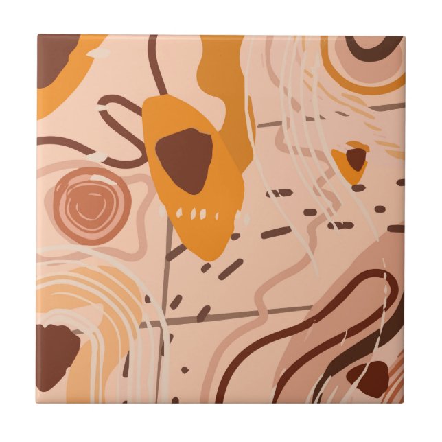 Boho Brown Tan Beige Orange Abstract Art  Ceramic Tile (Front)