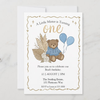 Boho Brown Teddy Bear Blue Balloons Birthday Invitation
