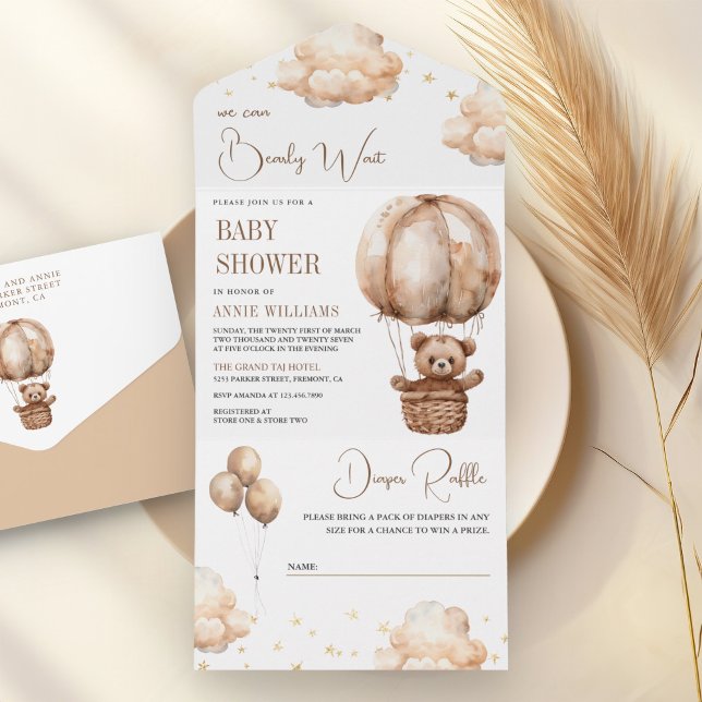 Boho Brown Teddy Bear Hot Air Balloon Baby Shower All In One Invitation (Creator Uploaded)