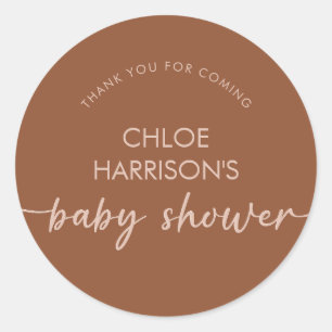 Boho Brown Terracotta Beige Script Baby Shower Classic Round Sticker
