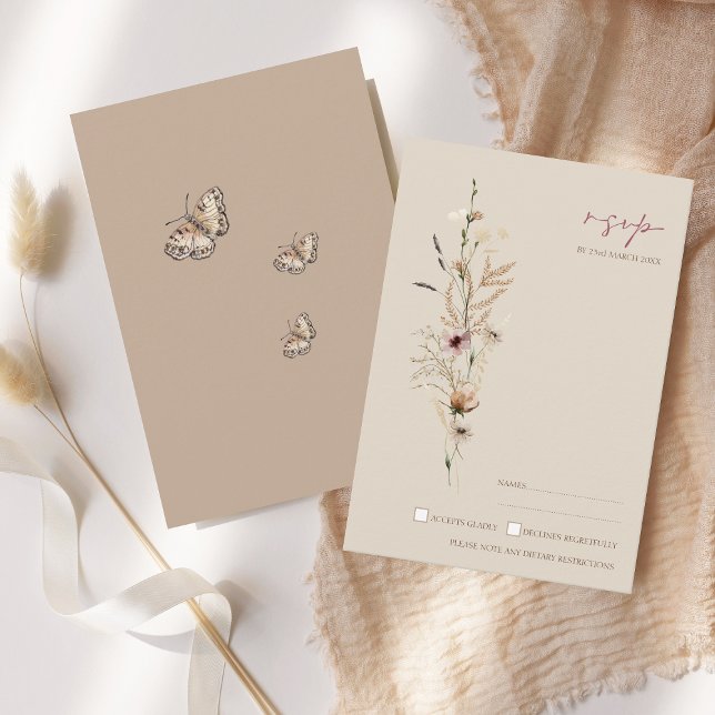 Boho Brown Wildflowers and Butterflies Wedding RSVP Card (Boho Brown Wildflowers and Butterflies Wedding RSVP Card)