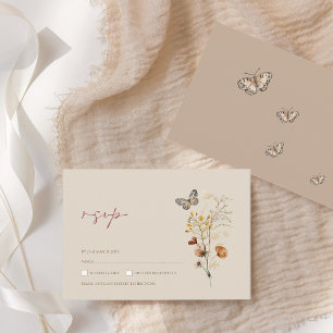 Boho Brown Wildflowers and Butterflies Wedding RSVP Card