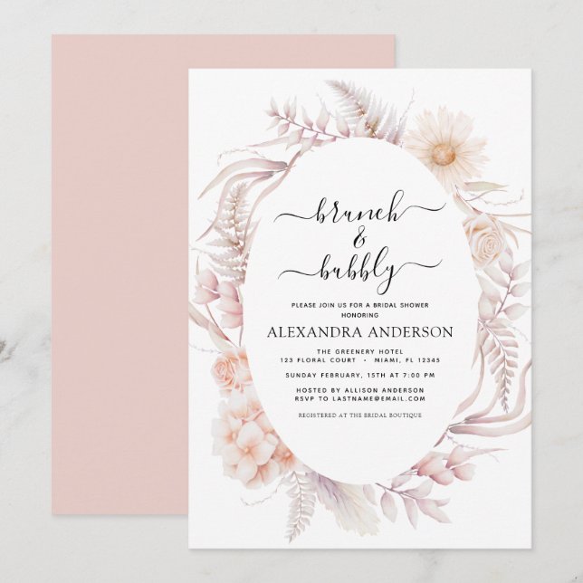 Boho Brunch & Bubbly Bridal Shower Dusty Pink Invi Invitation (Front/Back)