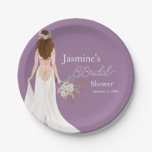 Boho Brunette Hair Bride With Flowers Paper Plate