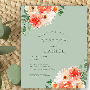 Boho Budget Sage and Orange Blooms Wedding Invite Flyer