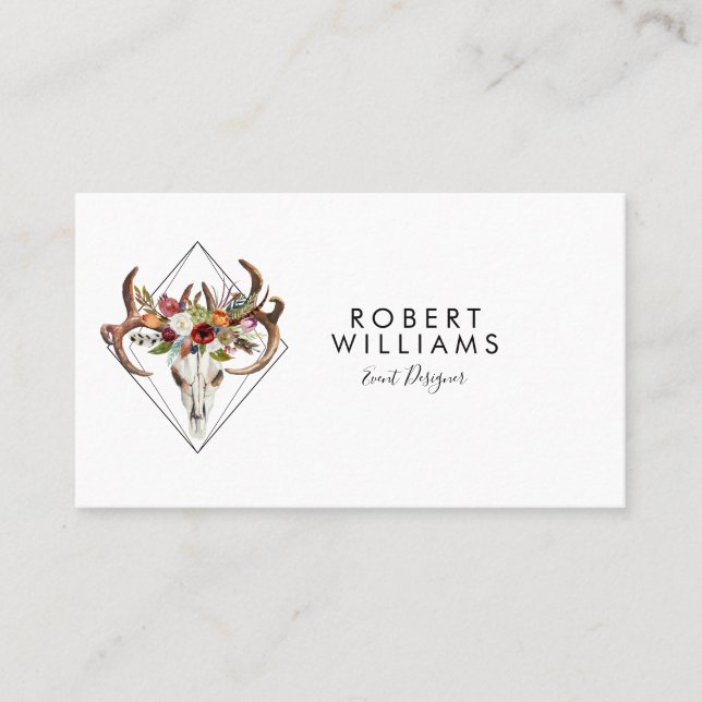 Boho Bull Skull & Colourful Tribal Flowers Bouquet Business Card (Front)