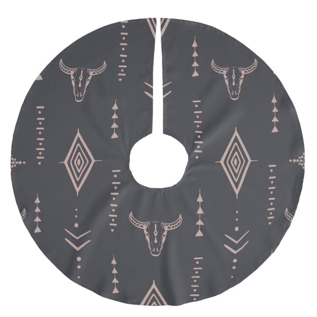 Boho bull skull, ethnic seamless. brushed polyester tree skirt (Front)