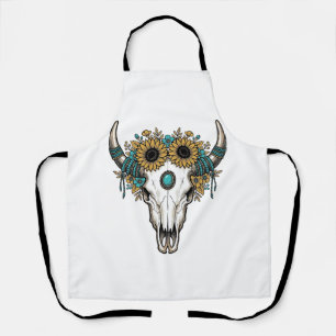 Boho Bull Skull Sunflower Vintage Western Engravin Apron