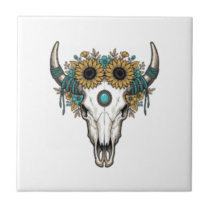 Boho Bull Skull Sunflower Vintage Western Engravin Ceramic Tile